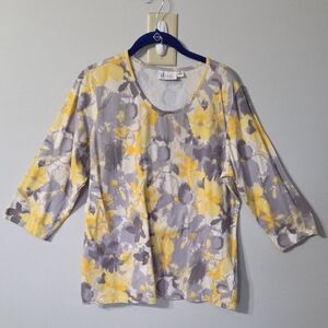 Denim & Company Yellow and Gray Floral 3/4 Sleeve Top